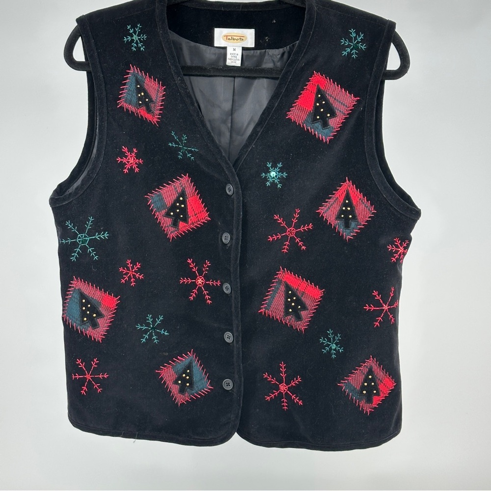 Festive Black Vest with Red and Green Embroidery Ugly Christmas Patchwork Medium